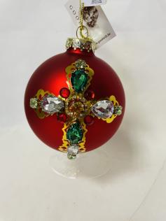 DECORAZIONE VETRO_PALLINA ROSSA CON CROCE DI GEMME