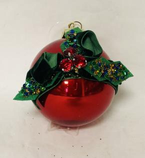 Glossy Red glass ball with bow and glitter